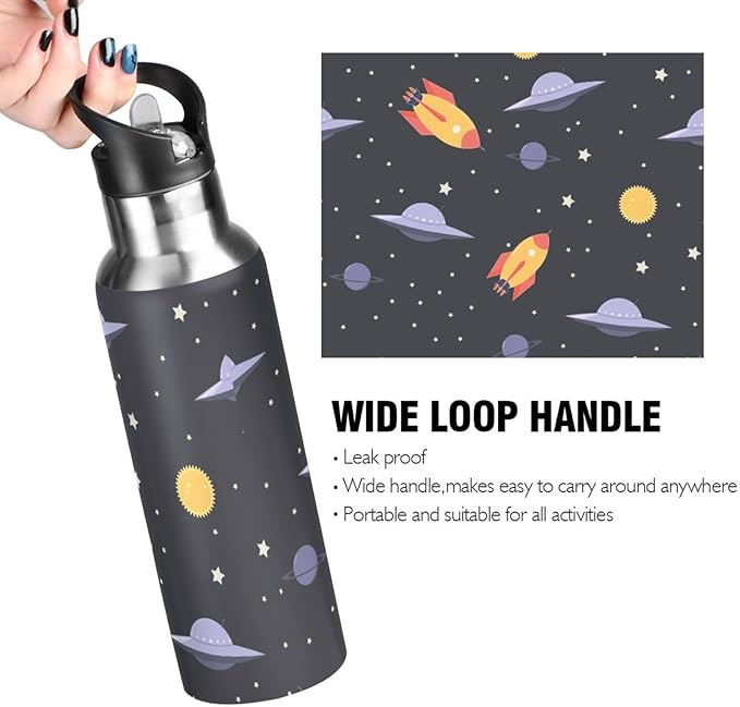 Space ＆ Rocket Sports Water Bottle, Double Wall Vacuum Insulated Stainless Steel Water Bottle with Straw Keeps Hot and Cold, Bike Running Sports Travel Gym 20oz