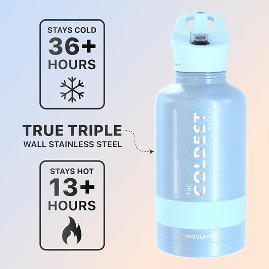 Coldest Sports Water Bottle with Straw Lid Vacuum Insulated Stainless Steel Metal Thermos Bottles Reusable Leak Proof Flask for Sports Gym (64 oz, Neptune Blue)