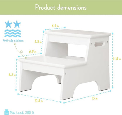Forbena Wood 2 Step Stool for Kids Bathroom Sink, White Toddler Step Stool for Toilet Potty Training, Child Stepping Stool for Kitchen Nursery Bedroom, Sturdy Non Slip Adult Stool for Closet
