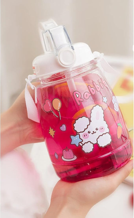 PEXIZUAN Kawaii water bottle big belly cup big water bottle cute travel cup strap straw cup(White,1300ML)
