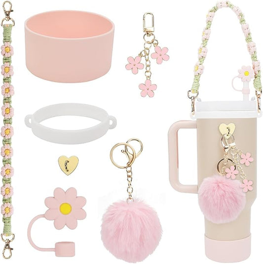 7PCS Water Bottle Cup Accessories Set for Stanley Cup 40oz & 30oz Tumbler, Including Water Bottle Handle Strap, Silicone Cup Boot, Silicone Straw Cover, Keychain Charms (Pink)