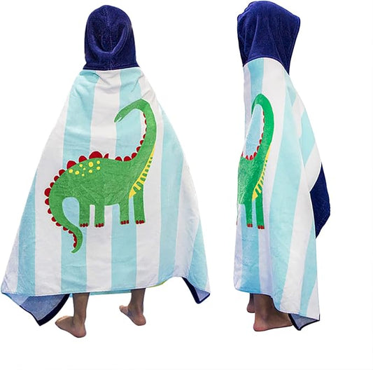 BANGSAUR Kids Hooded Beach Bath Towels, 100% Cotton 50"x30" Wrap Blanket, Toddlers Boys 3-12 Years Coverup Towel Striped Dinosaur