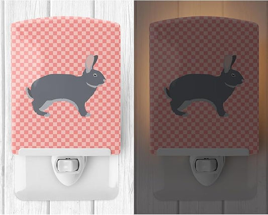 Caroline's Treasures BB7966CNL Giant Chinchilla Rabbit Pink Check Ceramic Night Light Compact, UL-Certified, Ideal for Bedroom, Bathroom, Nursery, Hallway, Kitchen, 6x4x3, Multicolor