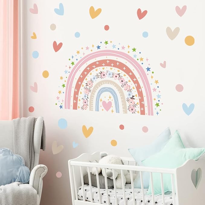 Large Boho Watercolor Rainbow Wall Decals Boho Love Stars Flowers Rainbow Wall Stickers for Girls' Room Kids Baby Nursery Bedroom Living Room Playroom Classroom Wall Decor