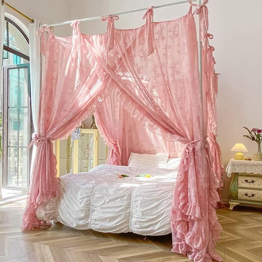 Mengersi Canopy Bed Curtains with Tie Backs,Princess Bed Canopy Curtains Bed Drapes Sheer Curtains for Bedroom Decor（King,Pink
