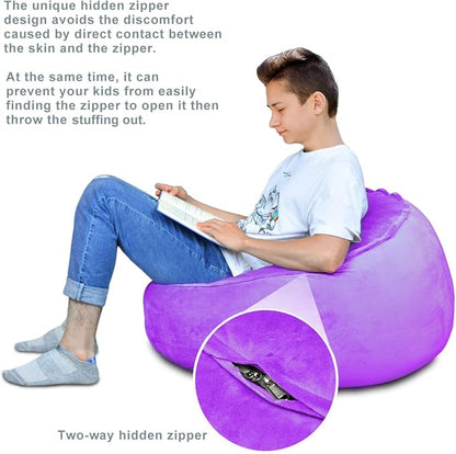 Bean Bag Chair Cover, Stuffed Animal Storage, Plush Toys Organizer Holder, Beanbag Chairs Cover for Kids Teans and Adults Super Soft and Comfortable Fabric X-Large with Handle and Zipper -Round Purple