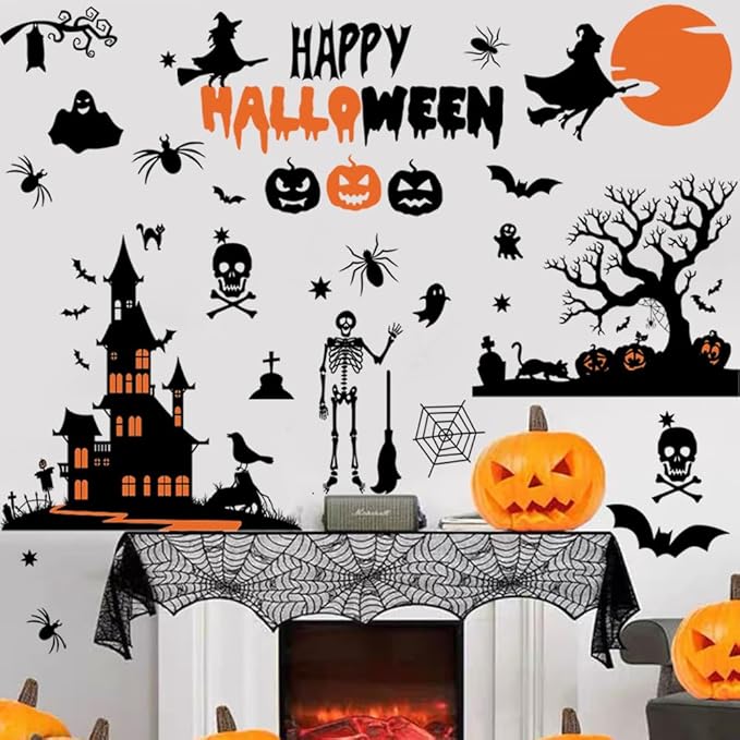 Happy Halloween Witch Wall Decals Halloween Moon Bat Wall Stickers Witch Bats Spiders Pumpkin Lantern Cat Halloween Window Decals Party Decorations.