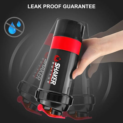 Protein Shaker Bottle,16 oz Shake Cup for protein powder with Storage,Sports Water Bottle,Non Slip 3 Layer Twist Off 3oz Cups with Pill Tray Leak Proof Shake Bottles for Protein Mixes