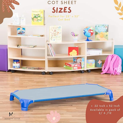 Pack of 24 Cot Sheet for Daycare Preschool Cot Bed -Polyblend Fabric with Corner Elastic Cots Sheets Fits On 22" X 52" Inches Size Toddler and Preschool Daycare Cot Light Blue 22 X 52 Size