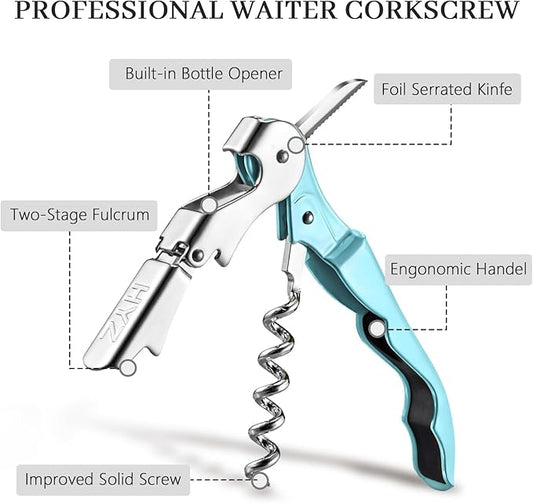 HYZ 2-Pack Wine Opener Waiter Corkscrew, Professional Wine Key for Servers, Bartender with Foil Cutter, Manual Wine Bottle Opener Double Hinged (Aqua Blue)