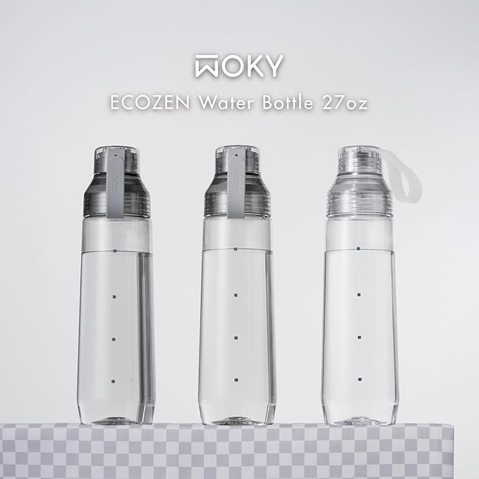 WOKY Ecozen 27oz Water Bottle - Clear Aesthetic Water Bottle with Silicone Carry Strap, Leak Proof Dishwasher Safe and Reusable, Ideal for Gym, Travel, and Everyday Use (Dark Gray)