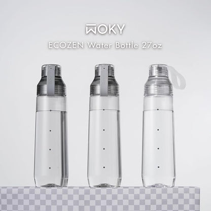 WOKY Ecozen 27oz Water Bottle - Clear Aesthetic Water Bottle with Silicone Carry Strap, Leak Proof Dishwasher Safe and Reusable, Ideal for Gym, Travel, and Everyday Use (Dark Gray)