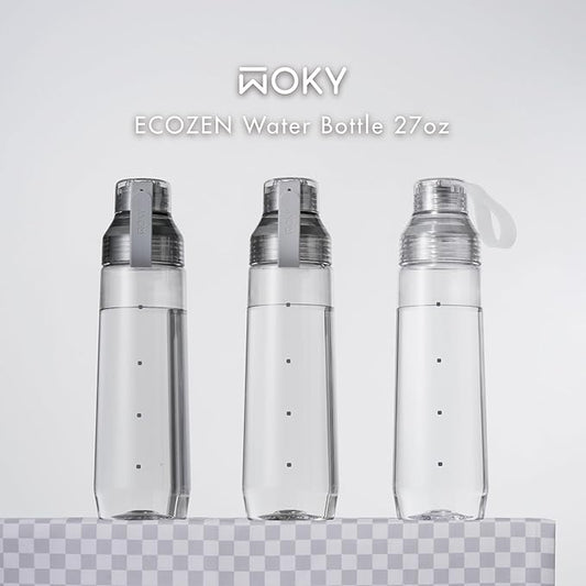 WOKY Ecozen 27oz Water Bottle - Clear Aesthetic Water Bottle with Silicone Carry Strap, Leak Proof Dishwasher Safe and Reusable, Ideal for Gym, Travel, and Everyday Use (Dark Gray)