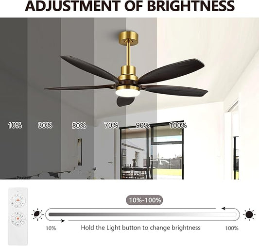 52" Ceiling Fan with Light and Remote,Reversible DC Motor,6Speed,Modern Natural Wood Ceiling Fan with Dimmable LED for Outdoor Patios Bedroom Living Room,Brown Walnut and Brass