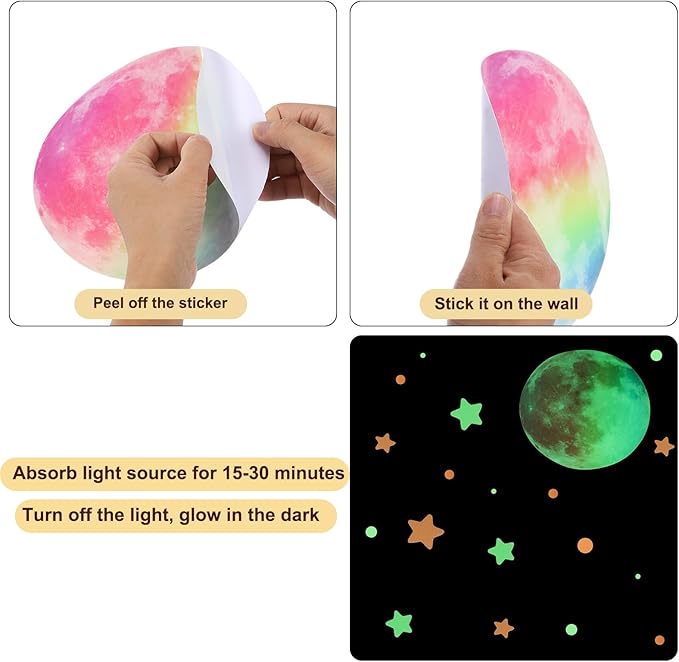 uxcell Glow in The Dark Stickers, Dots and Stars Wall Decals, Glowing Star Decal Decoration for Ceiling and Wall, 280mm Colorful Moon