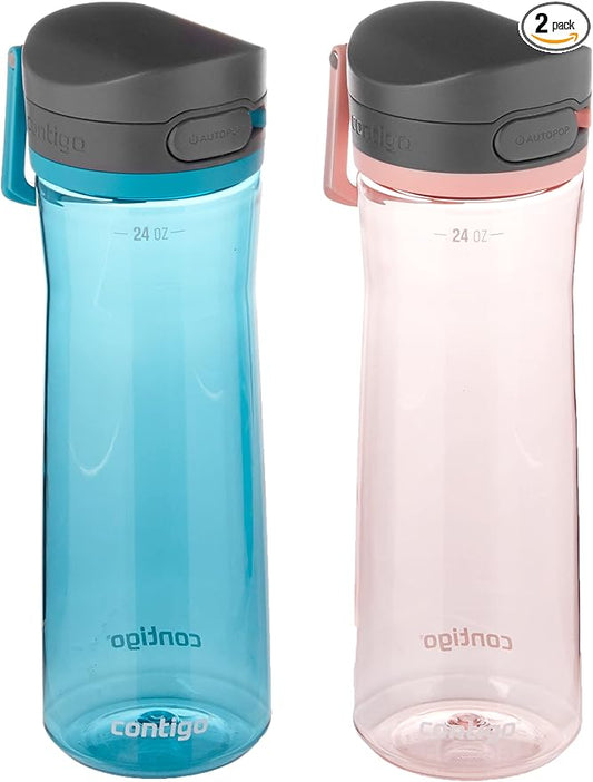 Contigo Jackson 2.0 BPA-Free Plastic Water Bottle with Leak-Proof Lid, Juniper; Pink Lemonade, 24oz, 2-Pack