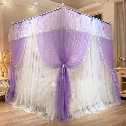 Mengersi Canopy Bed Curtains with Lights,4 Corner Bed Canopy Royal Luxurious Bed Drapes Netting,Princess Bed Curtains for Girls Adults Bedroom Decoration (Purple, Twin)