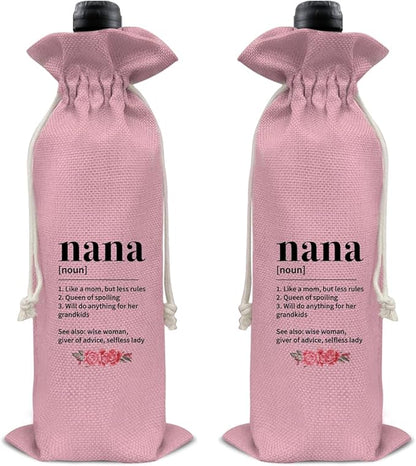 HOIJAUMAI Nana Gift From Grandson Granddaughter, Nana Gifts for Grandma Birthday Mother's Day, Grandma Wine Bag Nana Definition Wine Gift Bags (Pink)