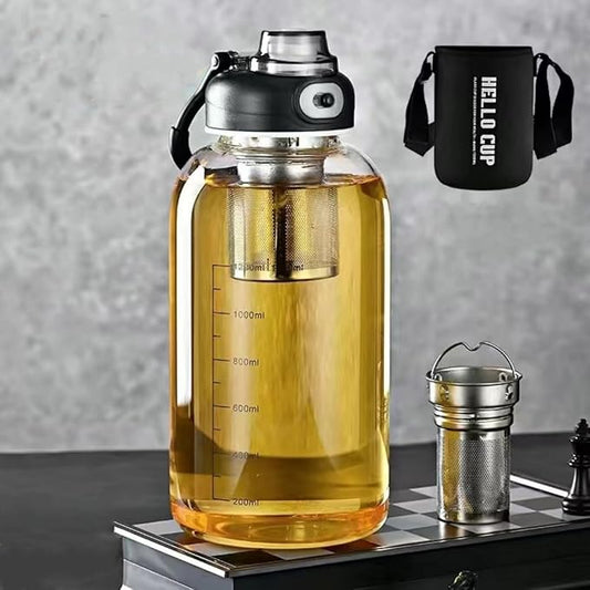 Glass Tea Tumbler with Infuser - 1500ML Large Glass Water Bottle with Sleeve,Glass Tea Infuser Bottle with Lock Lid and Direct Drink Spout,Reusable Sports Water Bottle for Gym Home Outdoor, Leakproof