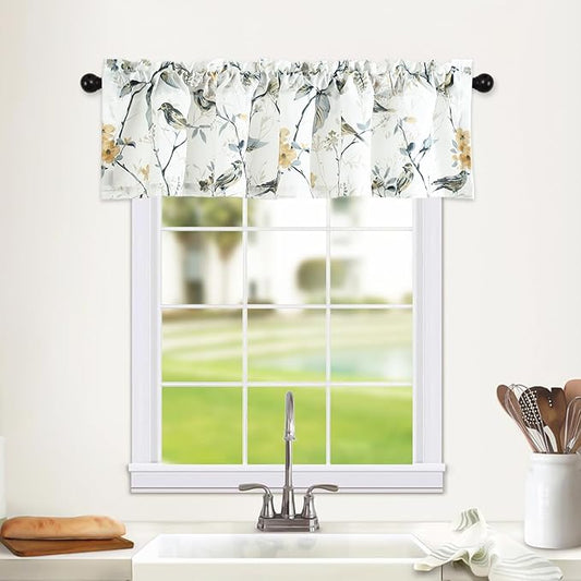 Leeva Kitchen Curtains Valances for Kids Room Porch, Linen Energy Efficient Birds Print Pattern Rod Pocket Small Drapes for Bedroom, 52 x 12, Grey, One Panel