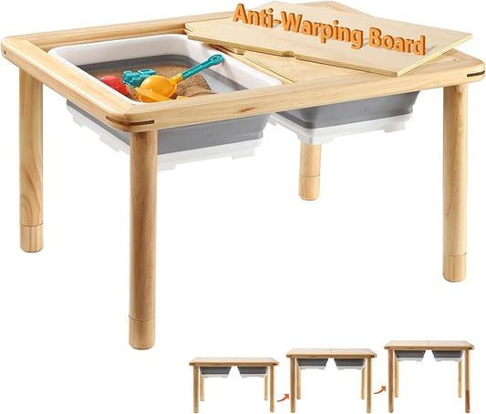 FUNLIO Wooden Sensory Table with 2 Bins for Toddlers 1-5, 3-Level Height Adjustable Kids Sensory Table with Anti-Warping Plywood Lid, Indoor/Outdoor Play Sand and Water Table, CPC Certified