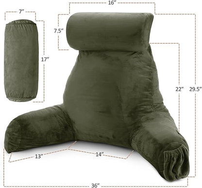 Nestl Reading Pillow Large Bed Pillow, Back Pillow for Sitting in Bed Shredded Memory Foam Chair Pillow, Reading & Bed Rest Pillows Olive Green Back Pillow for Bed, Bed Chair Arm Pillow with Pockets