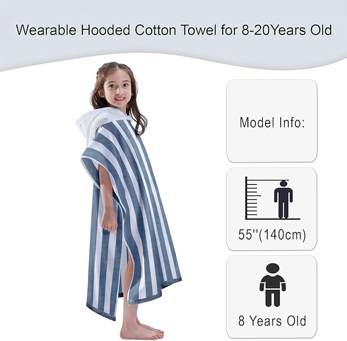 VOOVA & MOVAS Hooded Beach Towel Poncho for Teens (8-16Years), 100% Cotton Thick Surf Poncho Towel Robe for Kids, Perfect for Pool, Beach, Bath Activities and Gifts,Blue Grey Cabana Stripe