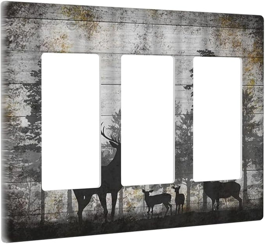 Rustic Deer Forest Vintage Wood Board 3 Gang Rocker Boho Light Switch Covers Decorative Country Unique Triple Outlet Wall Plate Cover Faceplate Decorative Switchplate GFCI for Farmhouse