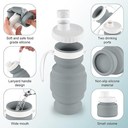 THAIOXYH® Collapsible Water Bottles 11 oz（320ml） Reuseable Foldable Portable BPA Free Silicone Collapsible Water Bottles for Traveling Hiking Camping Sports (grey)…
