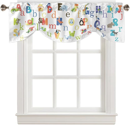 Cute Animals Alphabet for Kids Blackout Tie Up Valance Curtains for Kitchen Windows Colorful Printed Window Toppers Balloon Shades for Living Room/Bathroom/Bedroom,1 Panel,54" X 18"