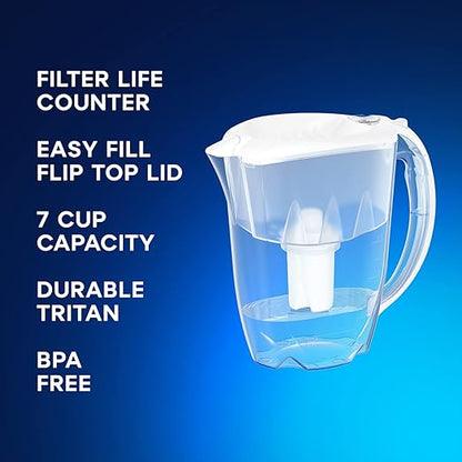 AQUAPHOR Ideal 7-Cup Water Filter Pitcher - White with 3 x B15 Filters - Fits in The Fridge Door - Reduces Limescale and Chlorine - Ideal for Seven Cups