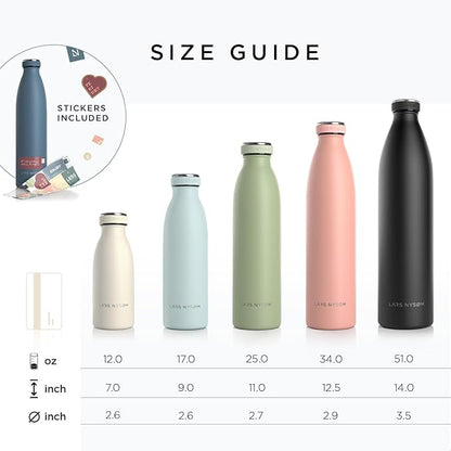LARS NYSØM Stainless Steel Insulated Water Bottle 12oz 17oz 25oz 34oz 51oz | BPA-free Insulated Thermo Flask for Hot and Cold Beverages | Leakproof Drinking Bottle (Onyx Black, 34oz)