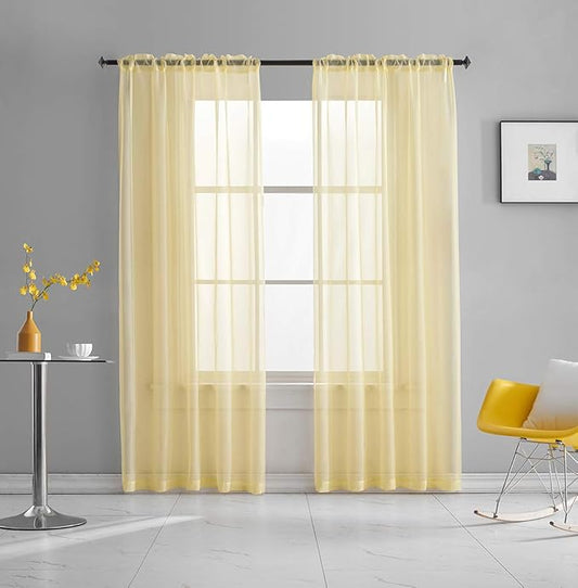 Light Yellow Sheer Voile Curtains Translucent Solid Color Window Treatment 108 Inches Long Panels Rod Pocket Light Yellow Sheers for Bedroom Living Room 2 Panels 52x108