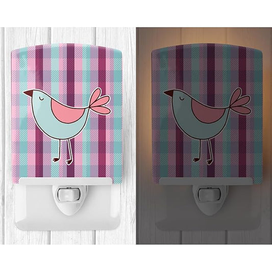 Caroline's Treasures BB6833CNL Bird on Purple Plaid Ceramic Night Light Compact, UL-Certified, Ideal for Bedroom, Bathroom, Nursery, Hallway, Kitchen, 6x4x3, Multicolor