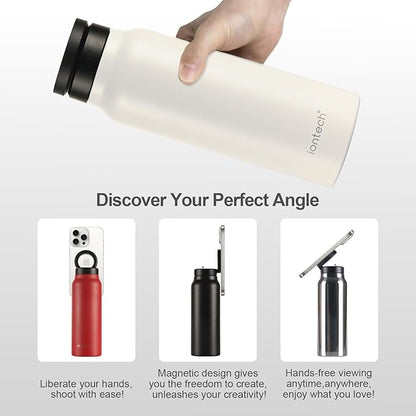 Insulated Water Bottle with Magnetic Phone Holder Compatible with MagSafe and iPhone, Stainless Steel Water Bottle Phone Mount For Sports Travel School, Hot 12H Cold 24H, 24oz (Black)
