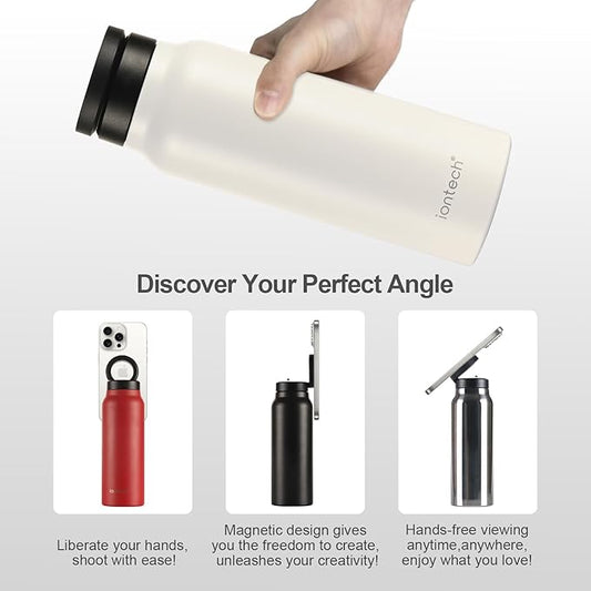 Insulated Water Bottle with Magnetic Phone Holder Compatible with MagSafe and iPhone, Stainless Steel Water Bottle Phone Mount For Sports Travel School, Hot 12H Cold 24H, 24oz (Black)
