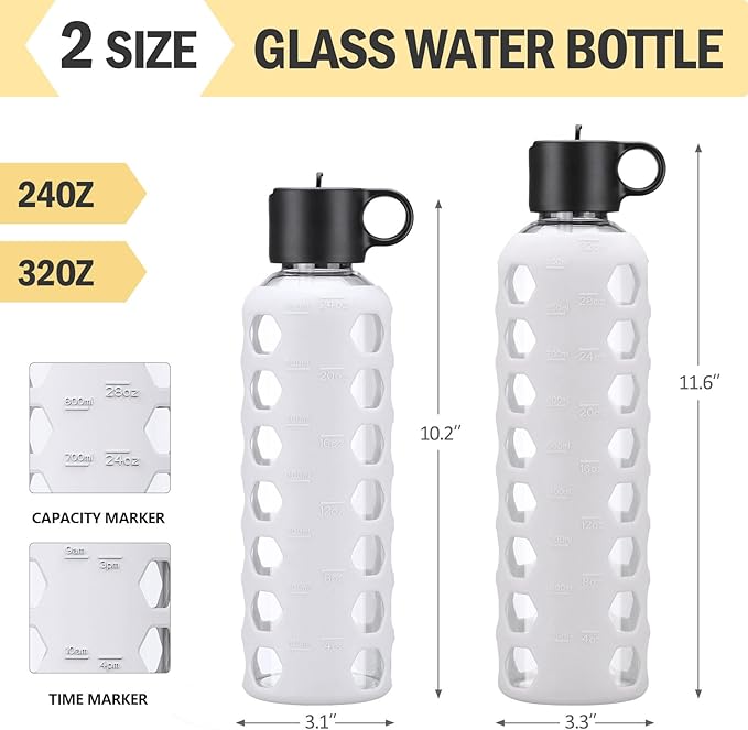 MUKOKO Glass Water Bottles, 32oz Glass Tumbler, Drinking Bottles with 2 Lids-Handle Flip Straw Lid&Bamboo Lid, Motivational Water Bottle with Time Marker and Silicone Sleeve, Leakproof-1 Pack-White