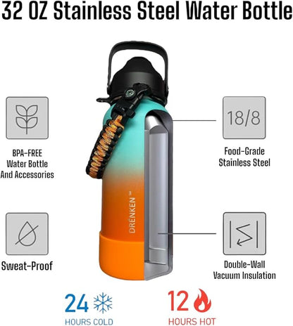 Water Bottle, Insulated water bottle, Stainless steel water bottle for kids men women Sports water bottle 32 oz Water bottle with straw Insulated Flask (Gradient Mint/Orange)