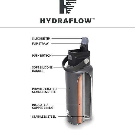 Hydraflow Hybrid - Triple Wall Vacuum Insulated Water Bottle with Flip Straw (17oz, Powder White) Stainless Steel Metal Thermos, Reusable Leak Proof BPA-FREE for Sports and Travel