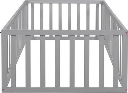 Twin Size Floor Bedframe with Door and Safety Guardrails Fence, Solid Wooden Toddler Montessori Platform Bed for Children Bedroom, Boys Girls, Kids Playroom