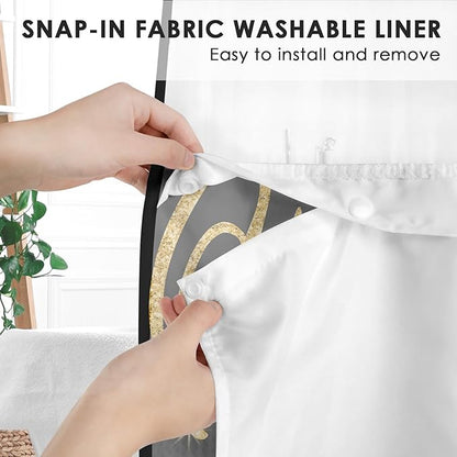 King and Queen No Hook Shower Curtain with Snap in Liner, Black and Gold Glitter Bath Curtain with Double Layers Waterproof Fabric and Mesh Top Window 71x74 Inch