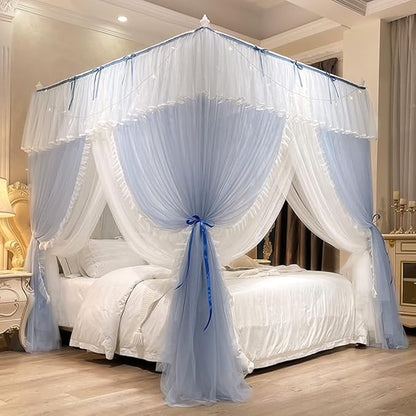 Mengersi Canopy Bed Curtains with Lights,4 Corner Bed Canopy Royal Luxurious Bed Drapes Netting,Princess Bed Curtains for Girls Adults Bedroom Decoration (Gray Blue, Twin)