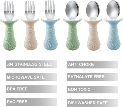 PandaEar Baby Toddler Fork and Spoon Utensil Set, 6 Pack Silicone Stainless Steel Silverware Spoon Fork for Babies Toddler, BPA Free with Silicone Holding Anti-Choke Design (Blue&Green&Light Tan)