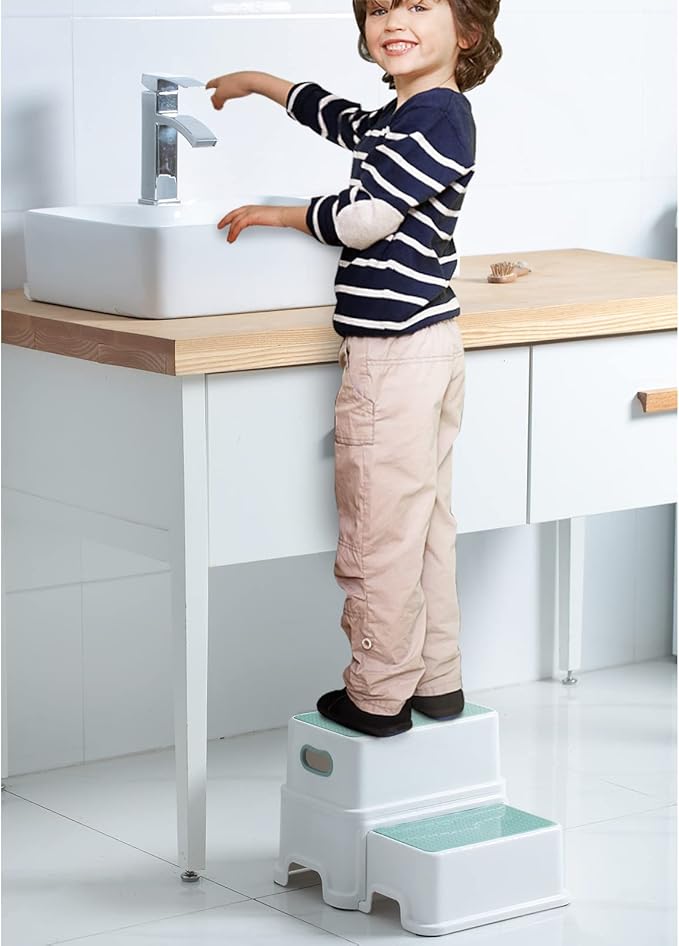 Victostar 2 Step Stool for Kids, Anti-Slip Sturdy Toddler Two Step Stool for Toilet Potty Training, Bathroom,Kitchen (Green-White)