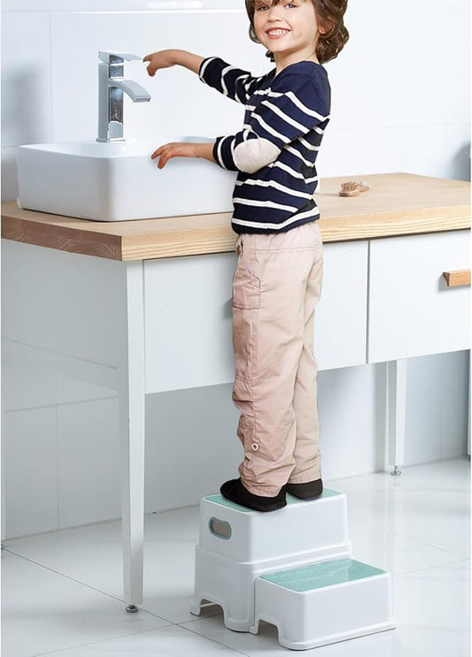 Victostar 2 Step Stool for Kids, Anti-Slip Sturdy Toddler Two Step Stool for Toilet Potty Training, Bathroom,Kitchen (Green-White)