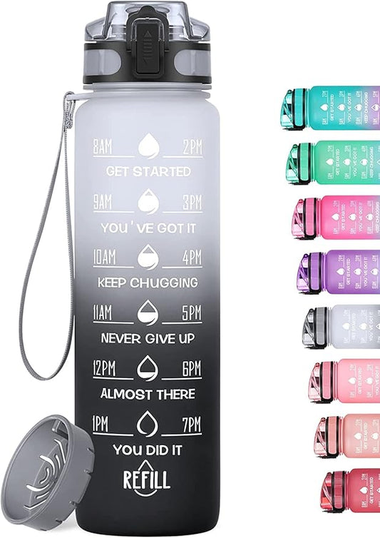 32oz Motivational Water Bottle with Time Marker & Fruit Strainer, Leak-proof BPA Free Non-Toxic Bottle with Carrying Strap, Perfect for Fitness, Gym and Outdoor Sports