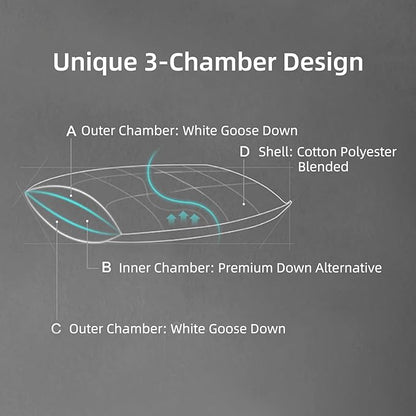 MAXICOZY Hungarian Goose Down Pillows Queen Size, Fluffy 3-Chamber Bed Pillows for Sleeping, Luxurious Soft Cloud Pillow for Back, Stomach or Side Sleepers(Queen, 1 Pack)