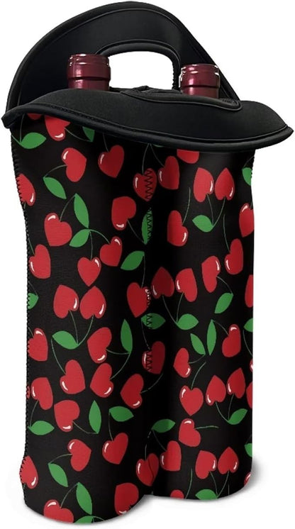 doginthehole Cherry Neoprene Wine Bag 2 Bottle Wine Tote Carrier Wine Accessories for Wine Lovers, Cute Fruit Print Wine Bottle Holder Champagne Beer Bags for for Travel, Party, Wedding, Birthday