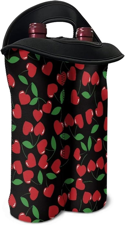 doginthehole Cherry Neoprene Wine Bag 2 Bottle Wine Tote Carrier Wine Accessories for Wine Lovers, Cute Fruit Print Wine Bottle Holder Champagne Beer Bags for for Travel, Party, Wedding, Birthday