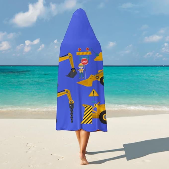 Kids Hooded Towels, Beach Bath Towel, Surf Poncho Toddlers Soft Thick Large Absorbent Cotton Wrap for Boy Girl, Shower/Beach/Pool 50"x30"(Construction)